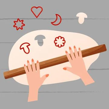 Hands making dough with a rolling pin on a wooden background Cutting out bi.. Stock Illustration