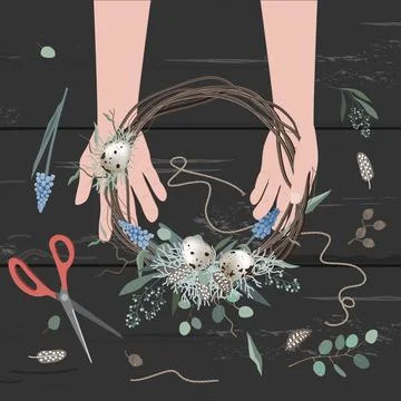 Hands making Easter wreath composition. Spring Easter holiday creative Stock Illustration