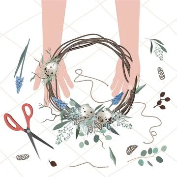 Hands making Easter wreath composition. Spring Easter holiday creative Stock Illustration