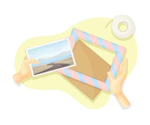 Hands making photo frames. Top view of creative work process, hobby and craft Stock Illustration