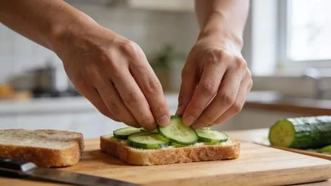 Hands making a sandwich breakfast time preparation food bread  Stock Photos