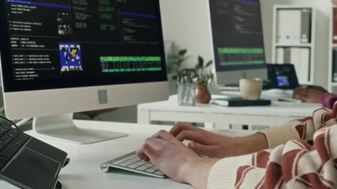 Hands of Male Developer Typing on Keyboard while Programming on Office Computer Video stock 330128395