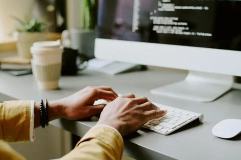 Hands Of Male Programmer Typing Code 스톡 사진