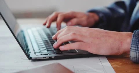Hands, man and architect in office with laptop, research and permit application Stock Footage 341465664