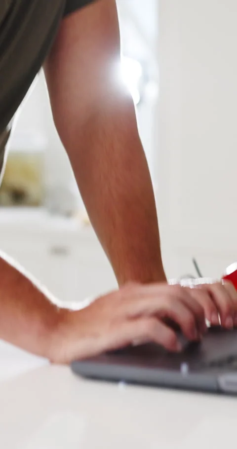 Hands, man and laptop at house for cooking, research and online recipe for Stock Footage 337016258