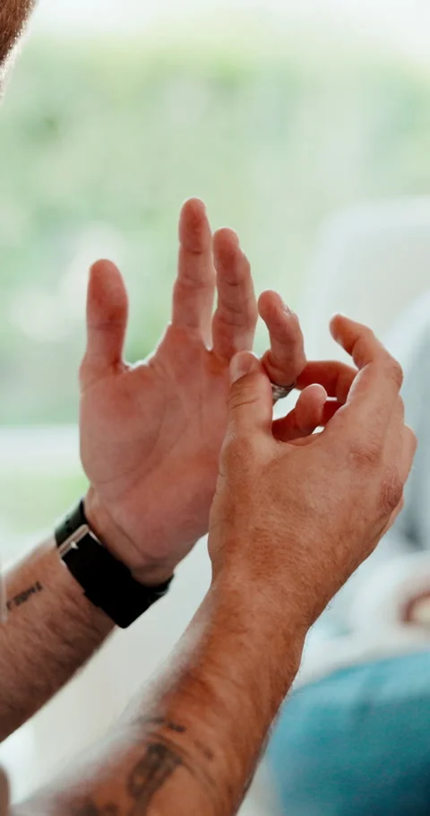 Hands, man and nervous in therapy with wedding ring, restless or divorce stress Stock Footage 341500821
