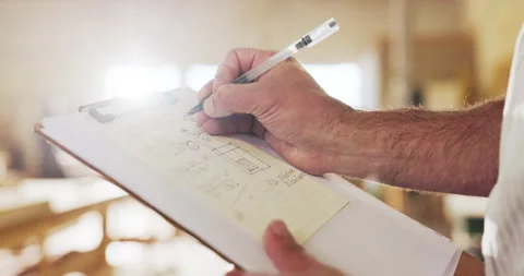 Hands, man and planning on clipboard in carpentry for project notes, material Stock Footage 340000660