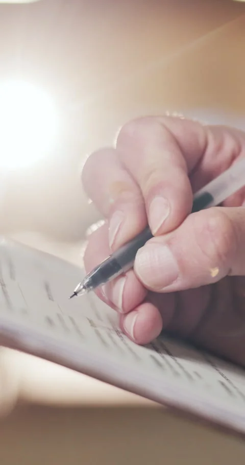 Hands, man and planning on clipboard in carpentry for project notes, material Stock Footage 340754804
