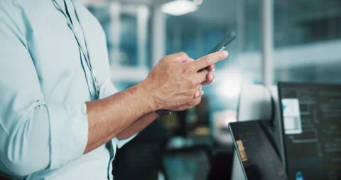 Hands, man and programmer with phone in office for software development, network Video stock 308993488