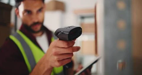 Hands, man and scanner with box in warehouse for barcode, audit stock and q.. Stock Photos
