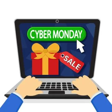 The hands of the man behind the notebook order. Cyber Monday Stock-Illustration