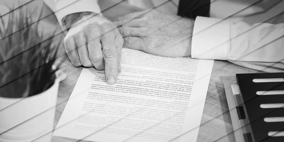 Hands of man checking document, geometric pattern Stock Photos