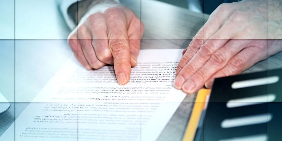 Hands of man checking document, geometric pattern Stock Photos