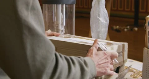 Hands Of Man Checking Parcel Packaging Box, With Pen ClipA003 C010 0911LA 001 스톡 동영상 260108143
