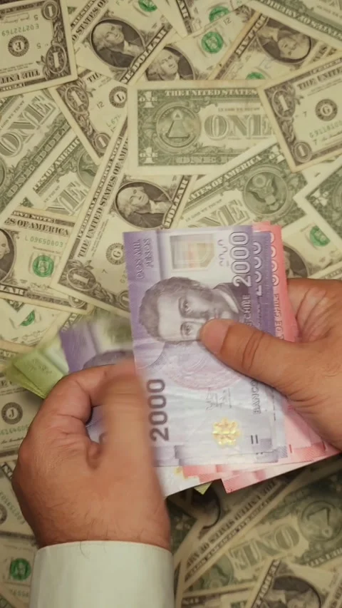 Hands of a man counting Chilean peso bills against a background of US dollars Stock Footage 318098188