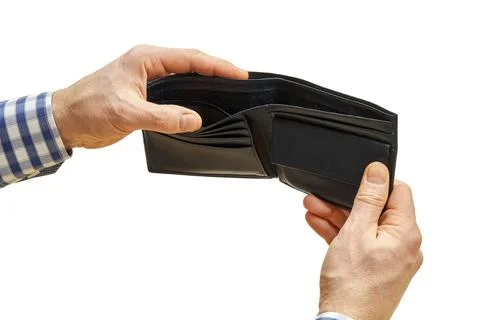 Hands of man hold empty black wallet on white background Stock Photos