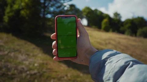Hands man hold phone with vertical green screen background path forest field Stock Footage 116997905