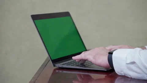 Hands of a man on a laptop keyboard with an empty green screen for insertin.. Stock Footage 313266259