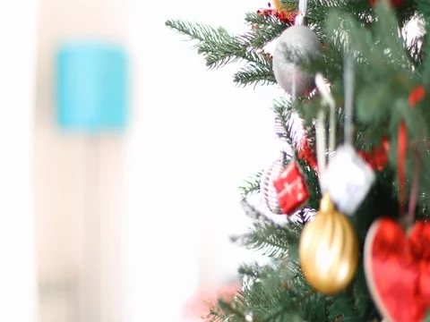 Hands of man placing red ball in christmas tree Stock Footage 73078559