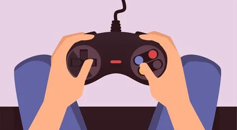 Hands of man playing computer games with controller, flat vector illustration. Illustrazione stock