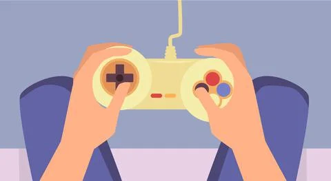 Hands of man playing video games with game controller flat vector illustration. Stock Illustration