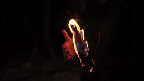 A hands of a man trying to heat with torch in a night forest at winter Stock Footage 154660113
