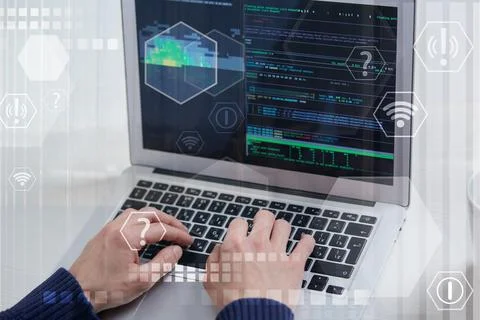Hands of a man typing on the keyboard, the work of a programmer. Foto stock