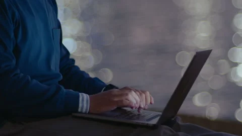 Hands of Man Typing on Laptop by the River at Night Stock Footage 237057545