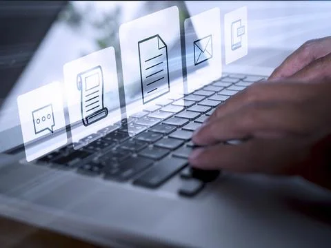 Hands man useing laptop computer with E-commerce technology icons on virtual  Stock Photos