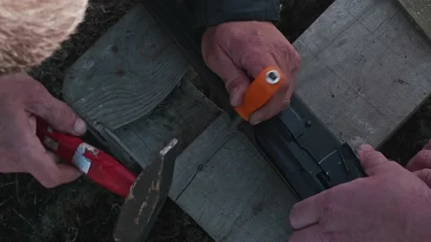 Hands of man using hammer to calibrate gun. Preparation for hunting Stock Footage 165904273