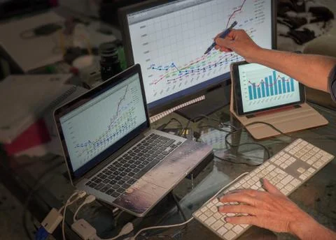 Hands of a man while studying at the computer Stock-Fotos