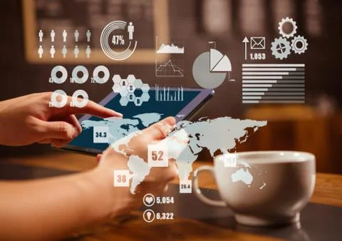 Hands of a man working on a tablet with digital graphics Stock Photos