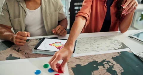 Hands, map and tablet with planning at o... | Stock Video | Pond5