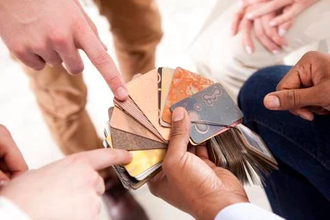 Hands with material samples, close-up Stock Photos