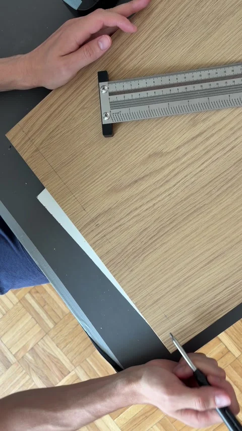 Hands measuring and marking a wood panel for a precise DIY furniture project Stock Footage 341396742