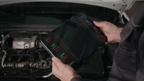 Hands of Mechanic with Tablet Observing Engine Efficiency Test in Garage Stock Footage 329408164