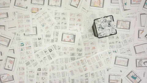 The hands of men put the sheets on the table of many paper with a storyboards Stock Footage 77374378