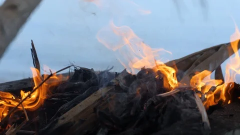 Hands of men setting fire burning dry coconut leaves and wood. Stock Footage 127672167