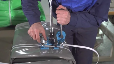 Hands men warehouse worker packing machine close-up Stock Footage 97850085