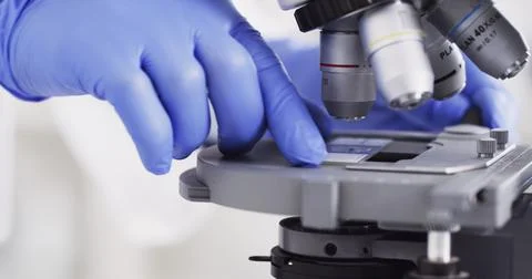 Hands, microscope and dna with science for virus cure, review or medical re.. Fotos de archivo