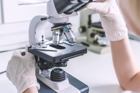 Hands with microscope in the laboratory 写真素材