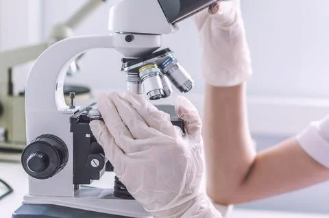 Hands with microscope in the laboratory Photos