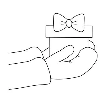 Hands in mitten holding gift box with bow, doodle style flat vector outline for Stock Illustration