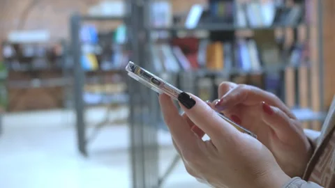 Hands, mobile app or woman in city on social media to chat on internet post or Stock Footage 276384053