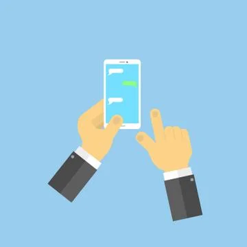 Hands with mobile phone SMS chat. Vector illustration . Stock Illustration