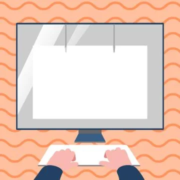 Hands on Mock Up Keyboard Facing Blank White Monitor with Eye Screen Protector Illustrazione stock
