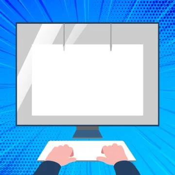 Hands on Mock Up Keyboard Facing Blank White Monitor with Eye Screen Protector Stock Illustration
