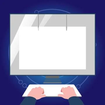Hands on Mock Up Keyboard Facing Blank White Monitor with Eye Screen Protector 스톡 일러스트