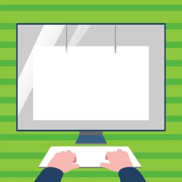 Hands on Mock Up Keyboard Facing Blank White Monitor with Eye Screen Protector Illustrazione stock