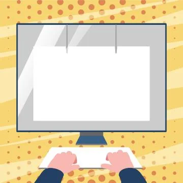 Hands on Mock Up Keyboard Facing Blank White Monitor with Eye Screen Protector 스톡 일러스트